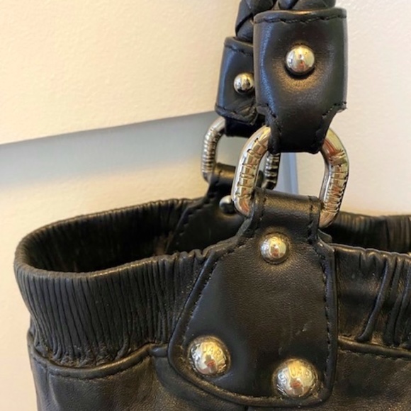 Stuart Weitzman black genuine leather shoulder bag satchel braided straps - Picture 5 of 16